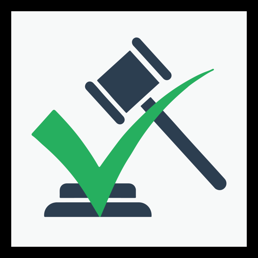 My Legal Prep logo featuring a green checkmark and a blue gavel with a black border.